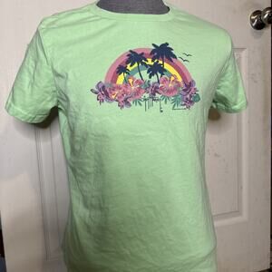 Women’s Guy Harvey Graphic T-Shirt Flowers Birds Palm Trees Rainbow Size Large